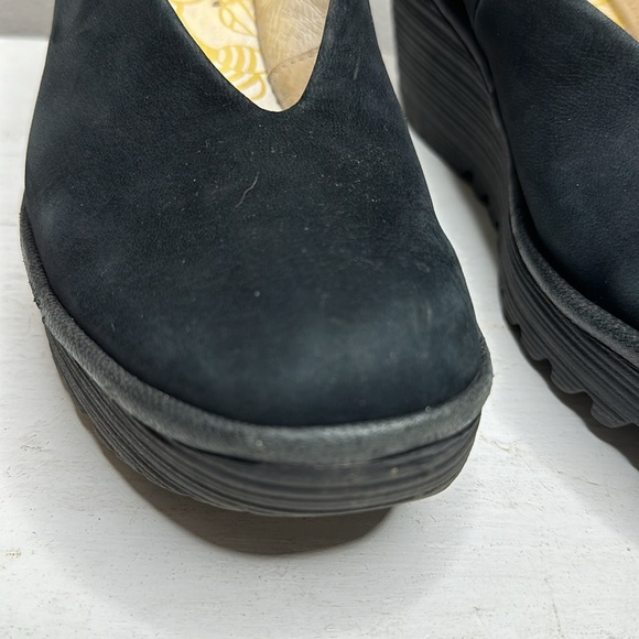 Fly London Yaz Black Leather Suede Chucky Wedge Heels Slip On Shoes EU 38 US 7 - Picture 3 of 12